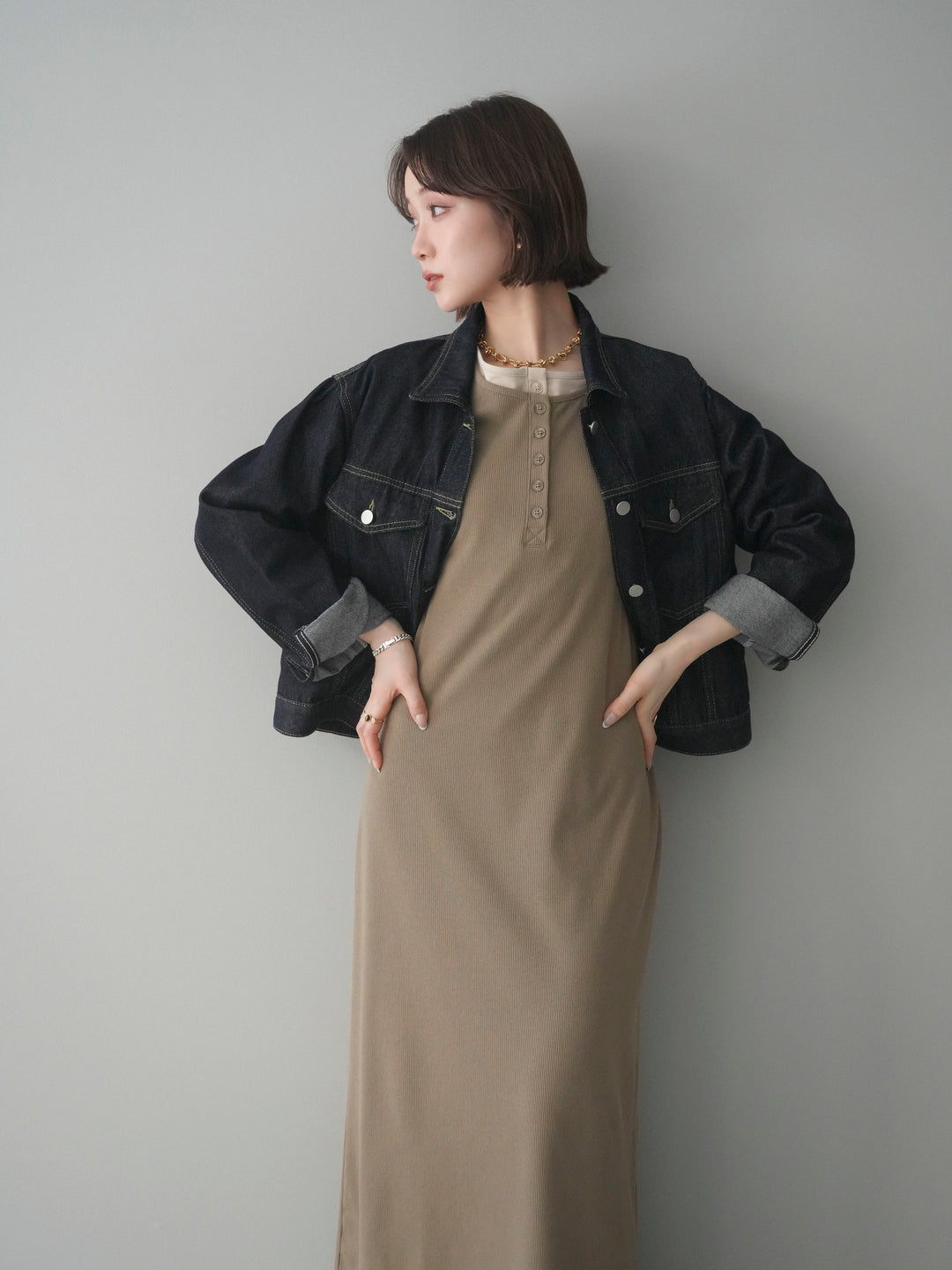 [予約]配色レイヤードヘンリーネックカットリブワンピース/mocha