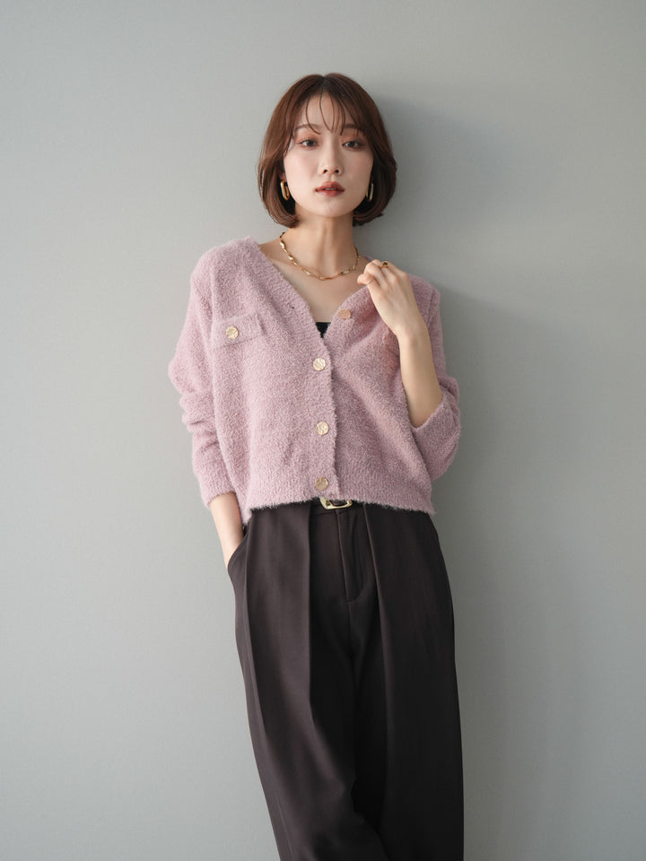 [SET]ゴールドボタンモールニットカーディガン+ベルトループデザインワイドパンツ(2set)