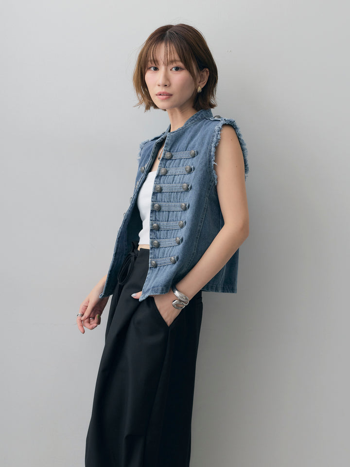 [SET]ナポレオンデニムベスト+ベルトループカーブタックワイドパンツ(2set)