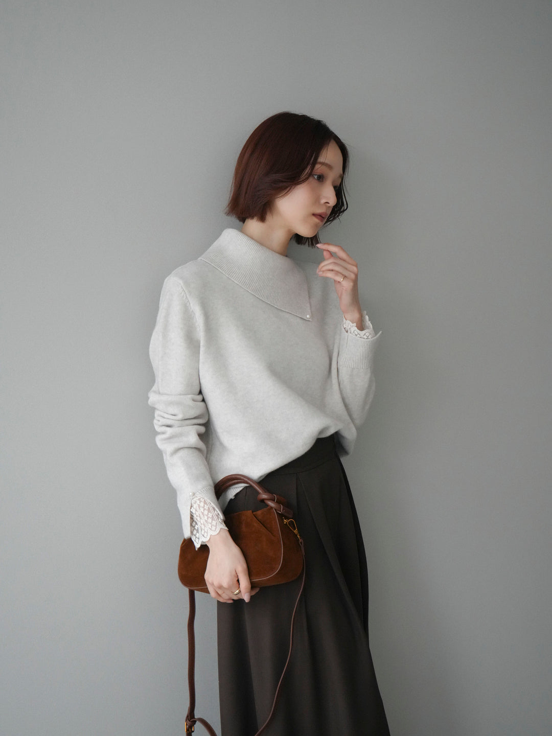 [SET]袖レースパール付き配色ニットトップス+テープベルトタックバギーパンツ(2set)