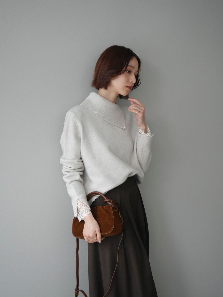 [SET]袖レースパール付き配色ニットトップス+テープベルトタックバギーパンツ(2set)