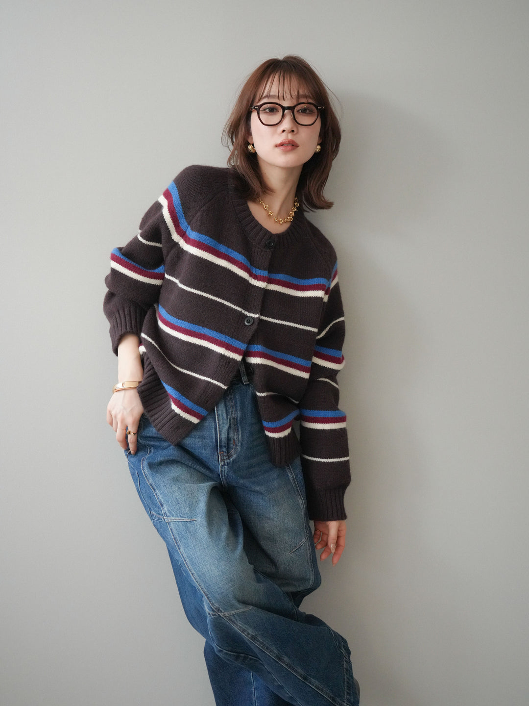 [SET]ランダムボーダーニットカーディガン+デザインステッチカーブデニムパンツ(2set)