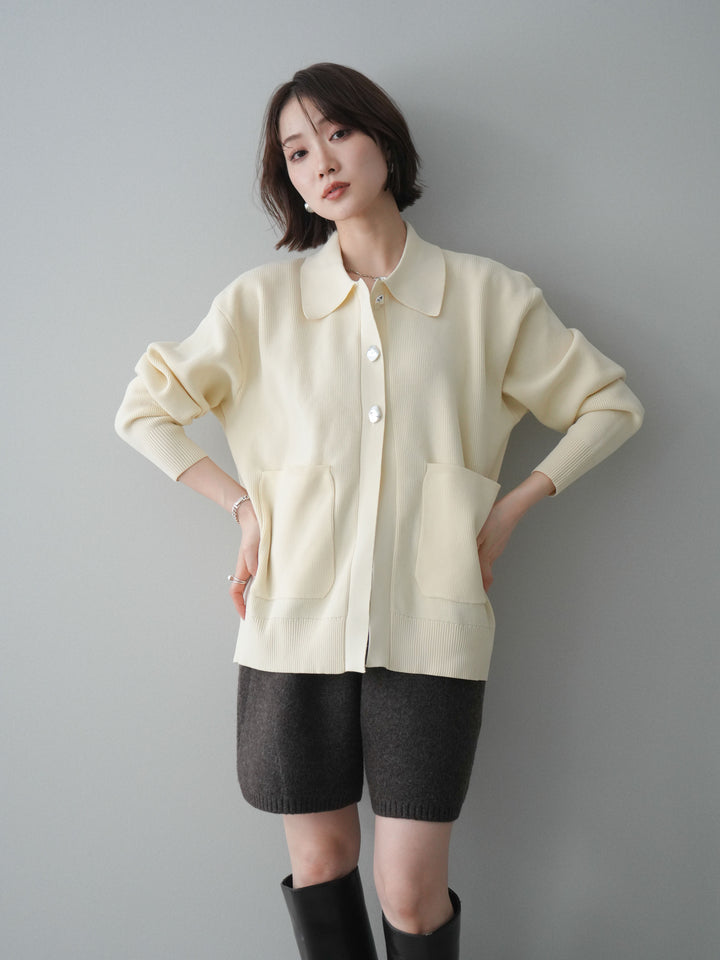 [予約]メタルボタン襟付きポリエステルニットカーディガン/ivory