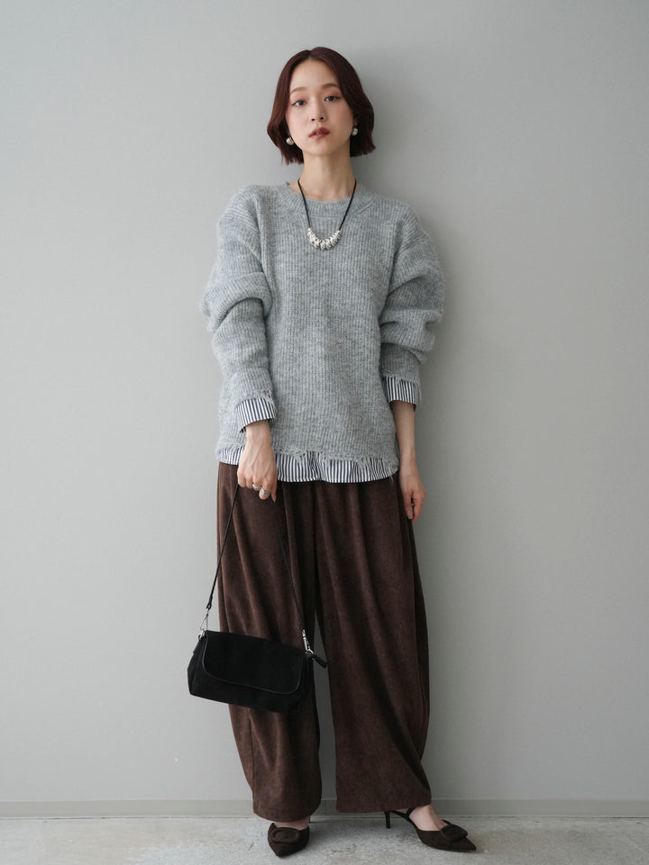 [SET]裾シャツレイヤードダメージニットプルオーバー+コーデュロイサイドタックコクーンパンツ(2set)