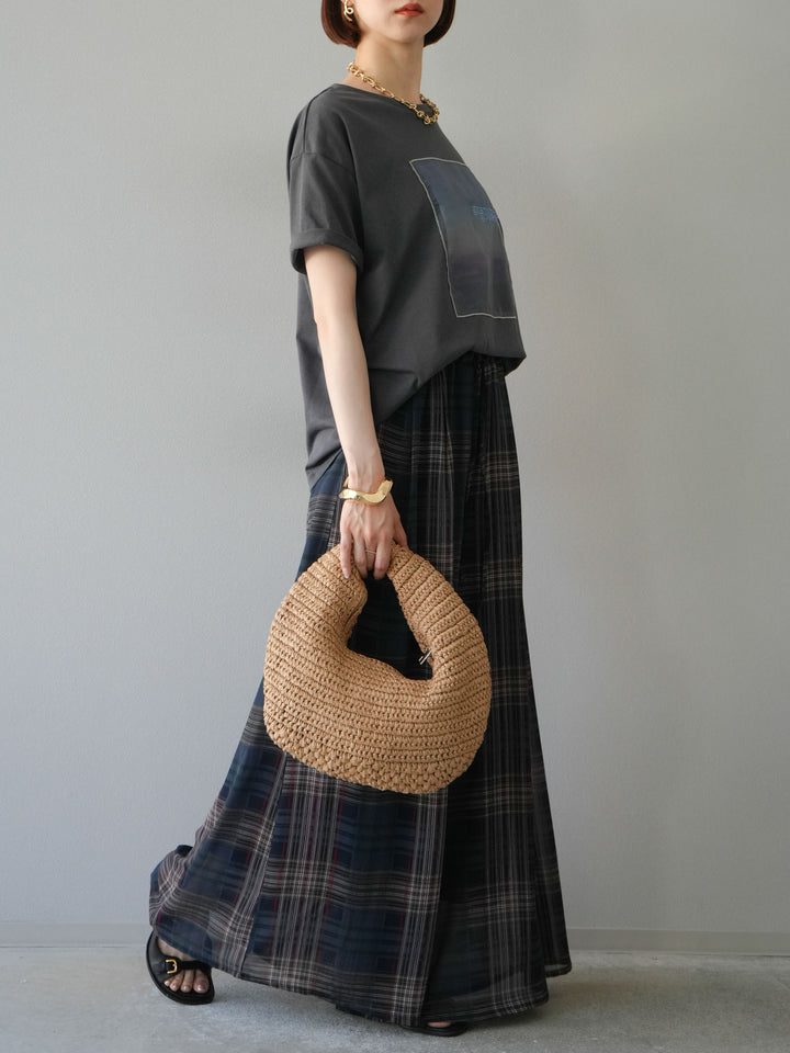 [SET] 薄紗層疊印花T卹 + 透視格紋寬鬆褲 (2件套)