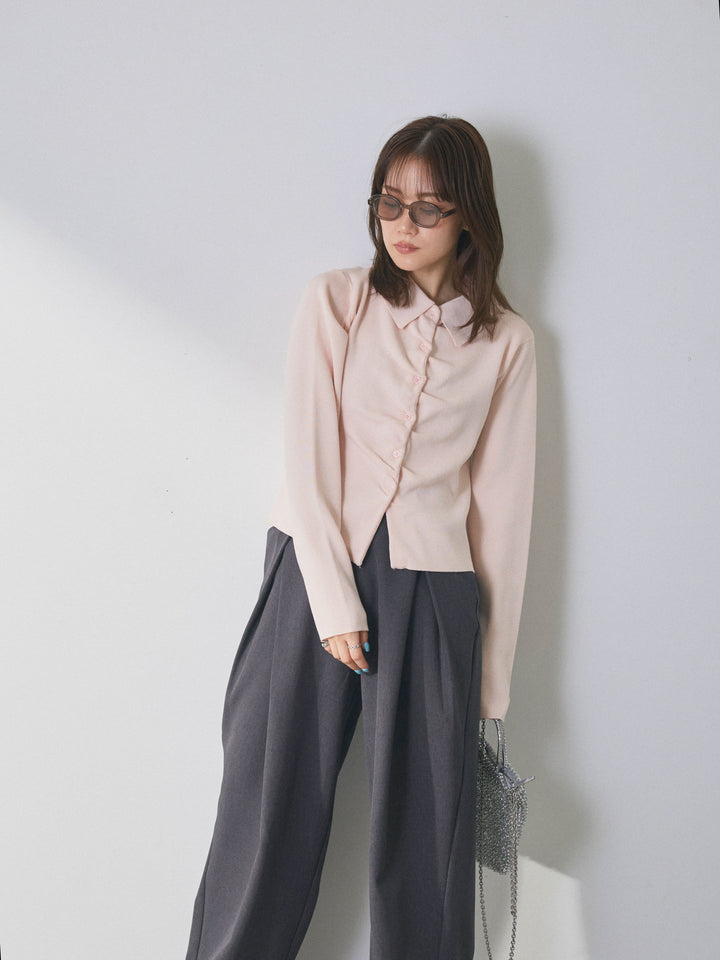 【Allure】[SET]襟付きギャザーニットカーディガン+アシンメトリーウエストタックパンツ(2set)