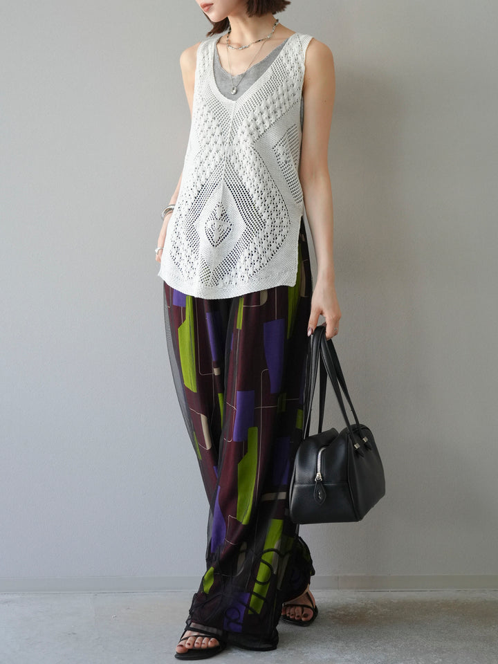 [予約]透かし編みレイヤードニットトップス/ホワイト