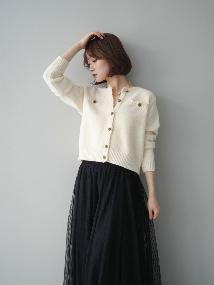 [SET]編みこみアンティークボタンニットカーディガン+チュールストライプボリュームスカート(2set)