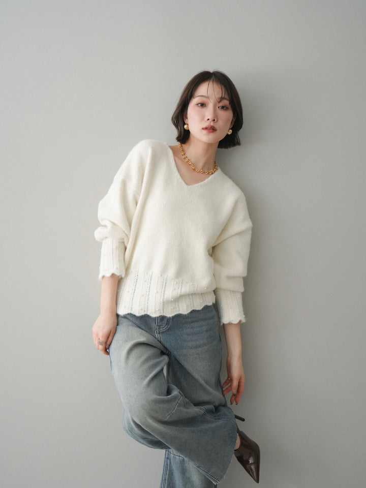 [SET]パールフリルリブヘムニットプルオーバー+選べるアクセセット(2set)