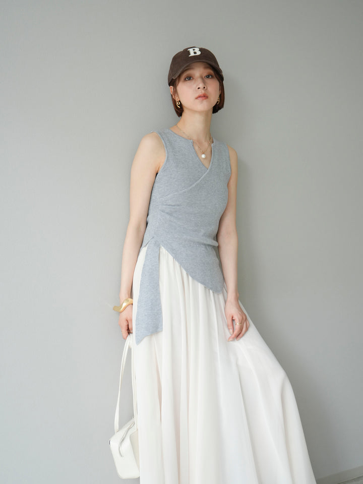 [SET]カシュクールノースリーブニットトップス+シフォンフレアスカート(2set)