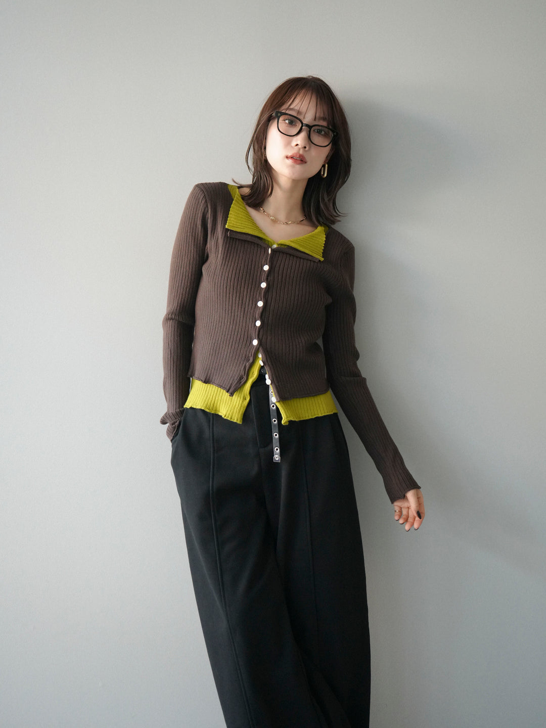 [予約]配色レイヤードリブニットカーディガン/brown