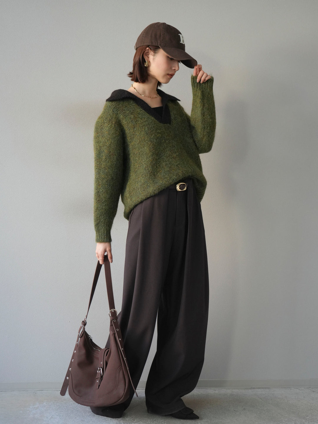 [SET]バイカラー襟付きニットプルオーバー+ベルトループデザインワイドパンツ(2set)