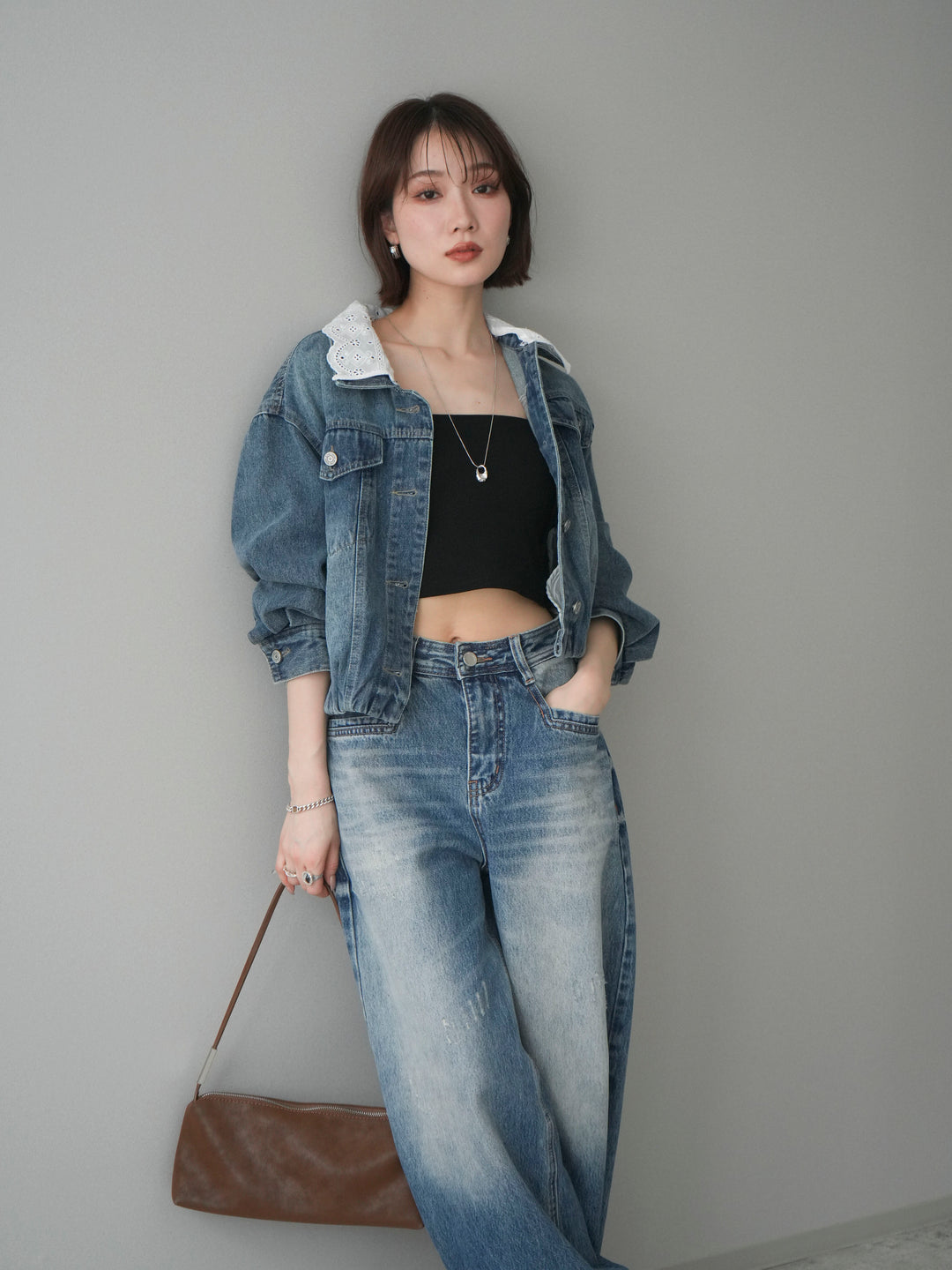 [SET]襟レースデニムショートジャケット+選べるアクセセット(2set)