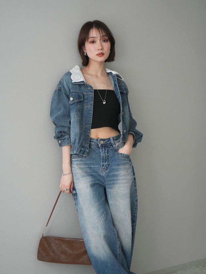 [SET]襟レースデニムショートジャケット+選べるアクセセット(2set)