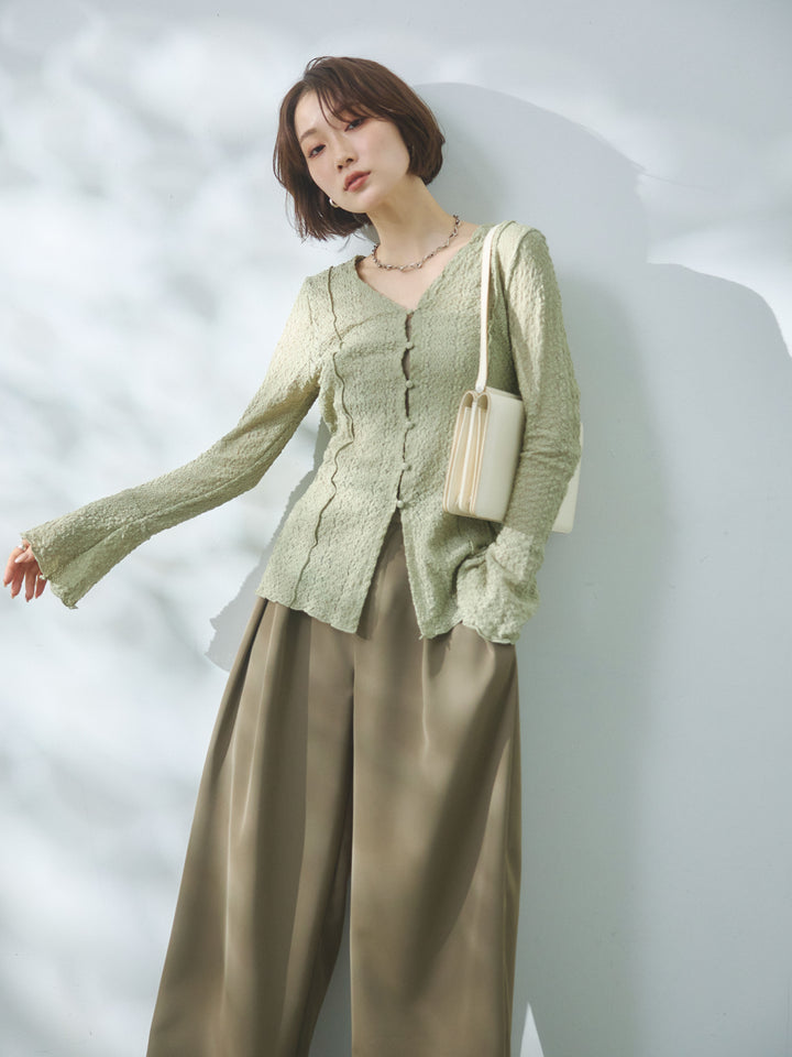 【Allure】[SET]ストレッチレースカーディガン+エステルツイルタックワイドパンツ(2set)