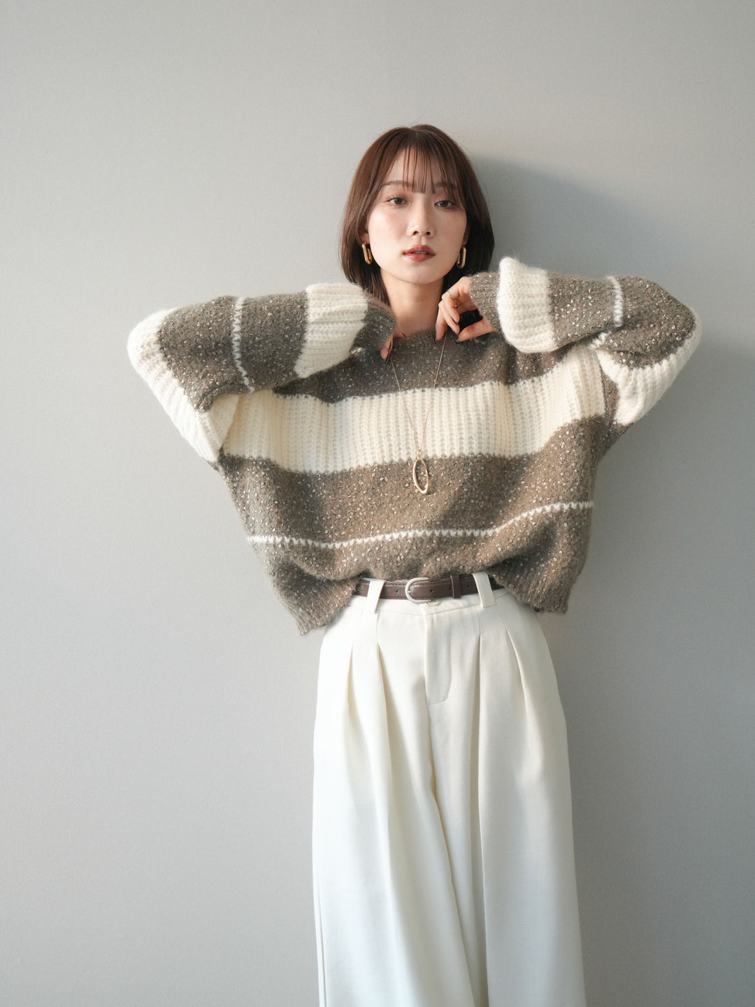 [予約]ネップヤーンボーダーニットプルオーバー/mocha