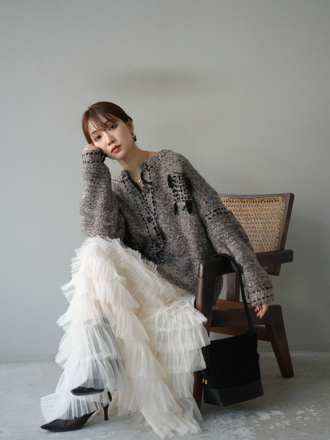 [予約]ハンドステッチデザインニットカーディガン/ブラウン