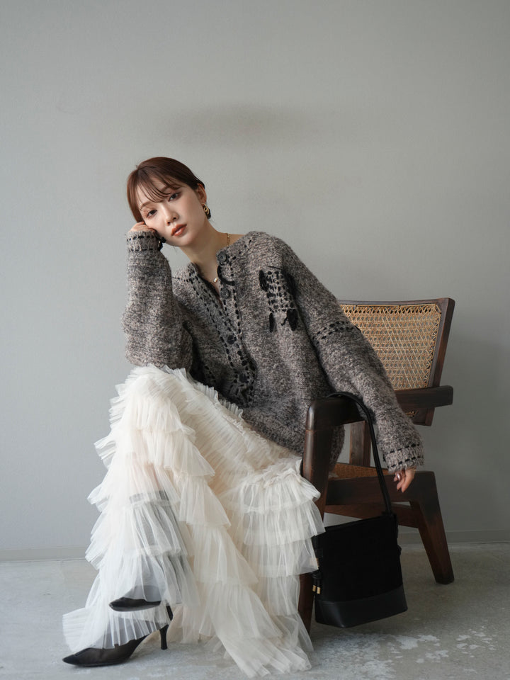 [予約]ハンドステッチデザインニットカーディガン/ブラウン