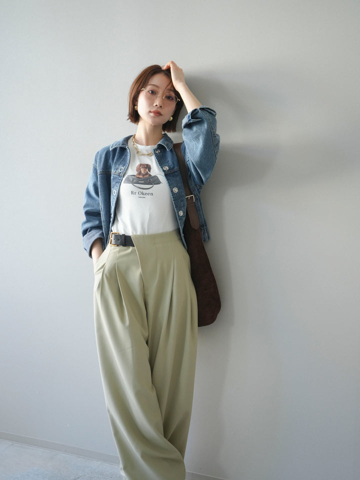 [SET]ラウンドカットコンパクトデニムジャケット+ドッグコンパクトTEE+アシンメトリーベルトタックワイドパンツ(3set)