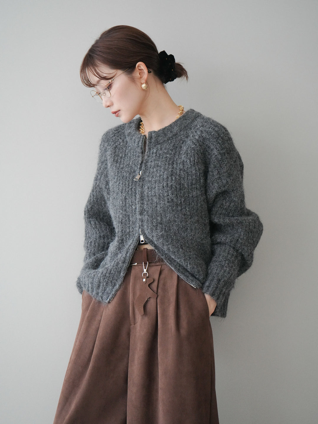 [予約]MIXヤーンモヘアタッチZIPニットカーディガン/gray