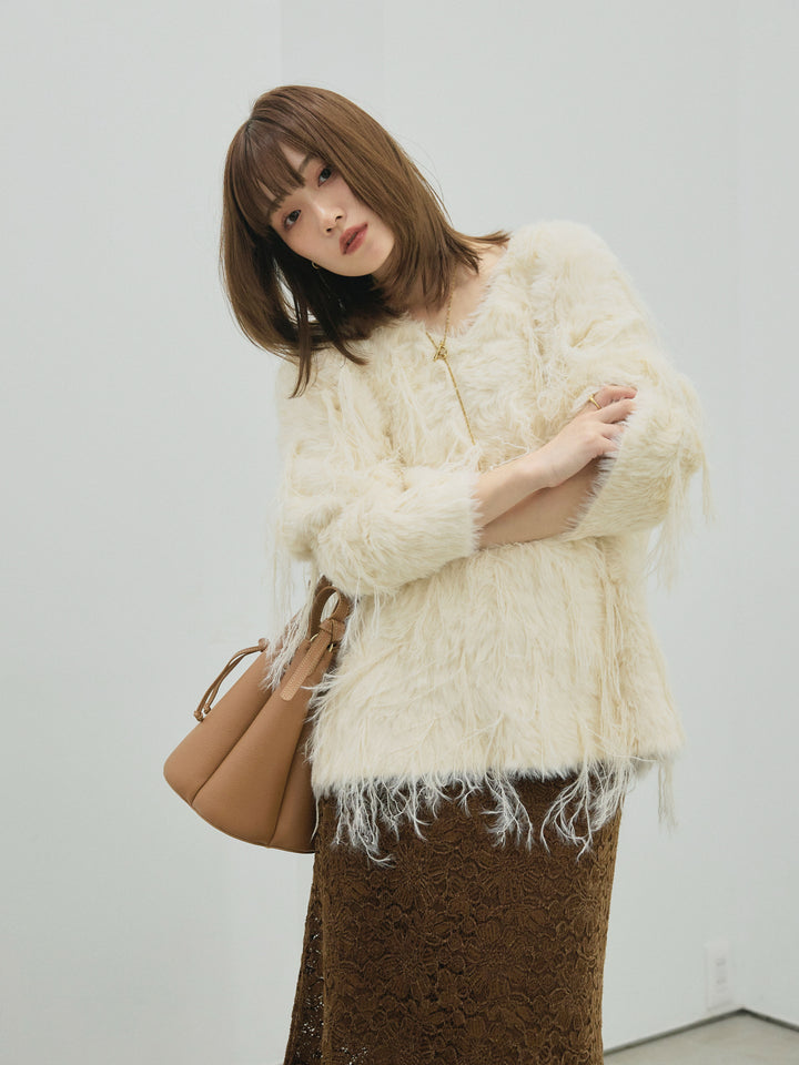 [予約]フェザーフリンジシャギーニットプルオーバー/beige