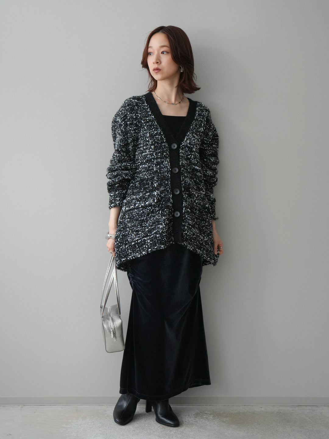 [SET]モールネップニットカーディガン+ギャザーベロアスカート(2set)