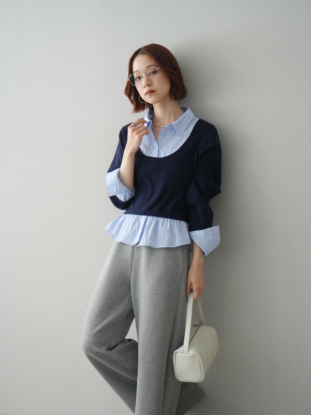 [SET]ストライプシャツUネックドッキングニットプルオーバー+イージーポンチワイドパンツ(2set)