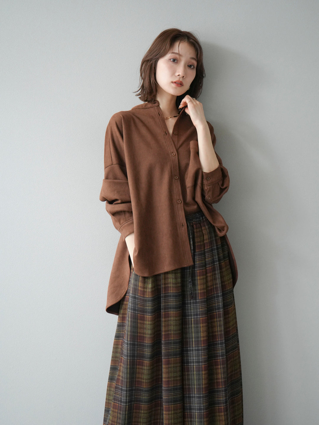 [SET]スエードバンドカラーオーバーシャツ+シアーチェックバギーパンツ(2set)