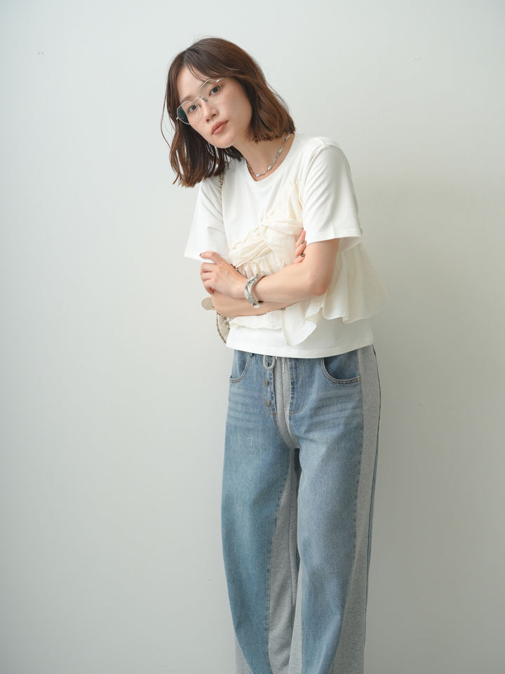 [SET]ナイロンドッキングツイストTEE +デニム切替スウェットパンツ(2set)
