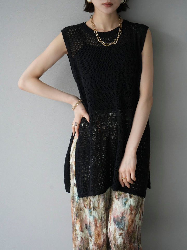 [Pre-order] Openwork side slit knit top/black