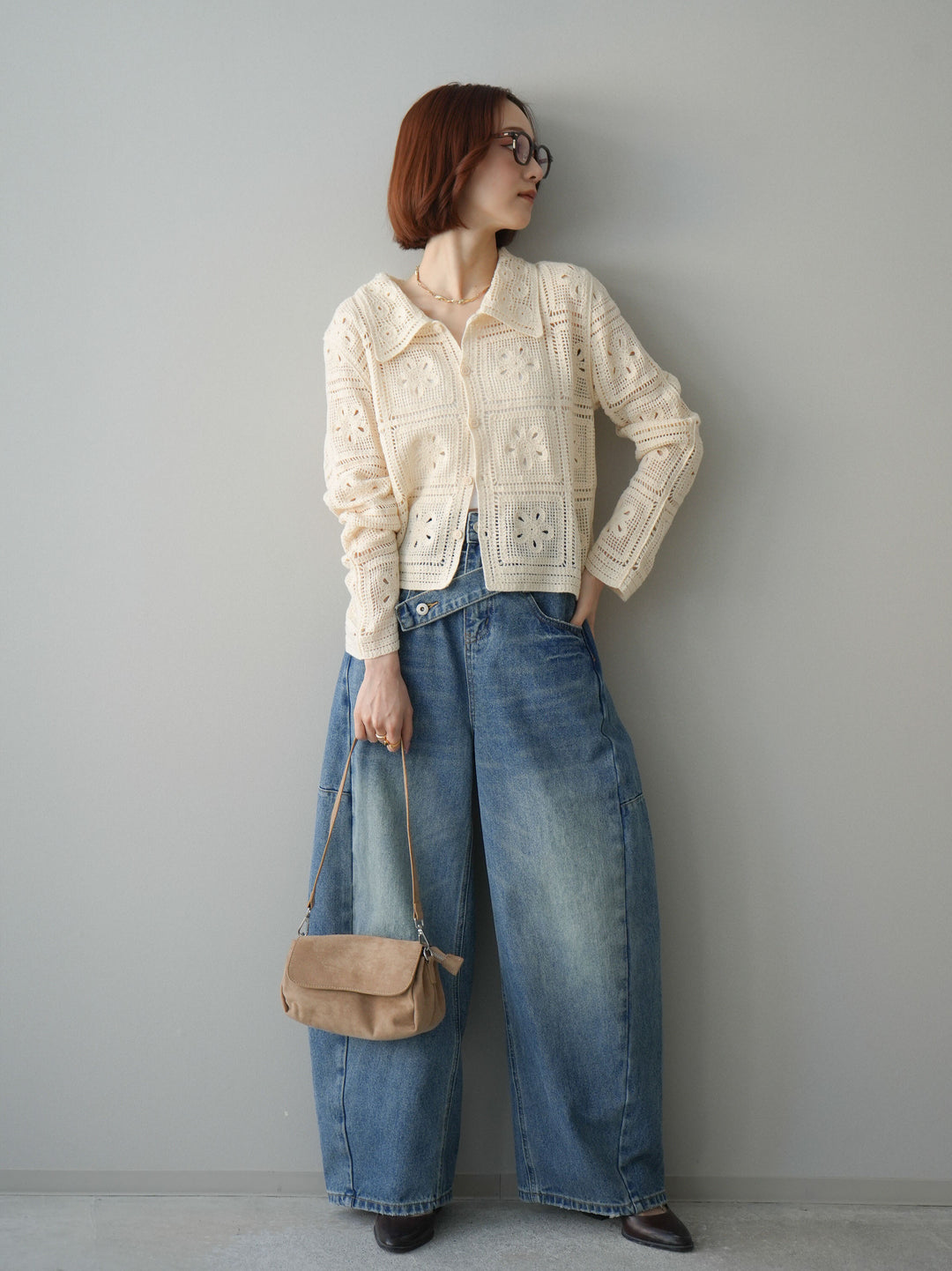 [SET]パッチワーククロシェニットカーディガン+アシメデザインワイドデニムパンツ(2set)