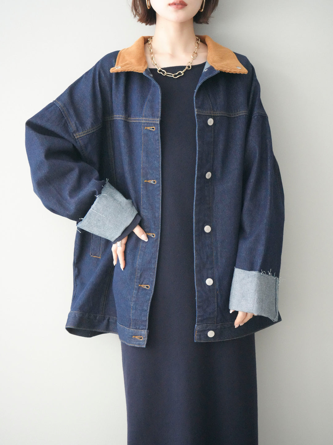 [SET]2WAYニットワンピース+コーデュロイ×デニムミドルジャケット(2set)