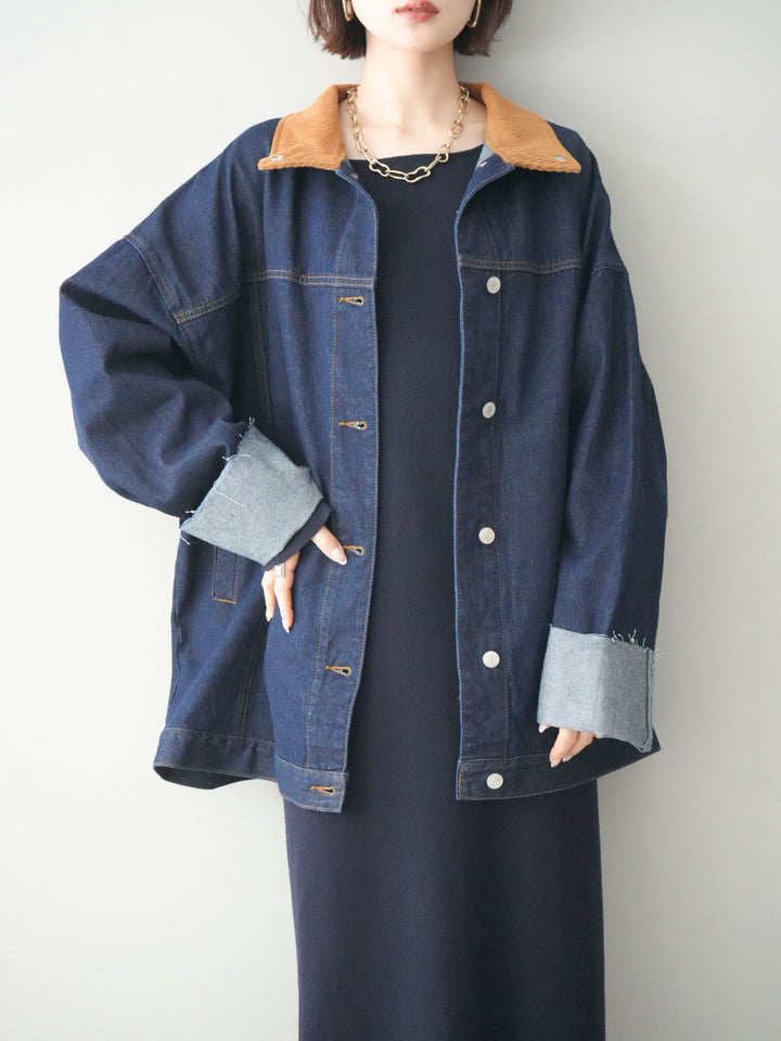 [SET]2WAYニットワンピース+コーデュロイ×デニムミドルジャケット(2set)