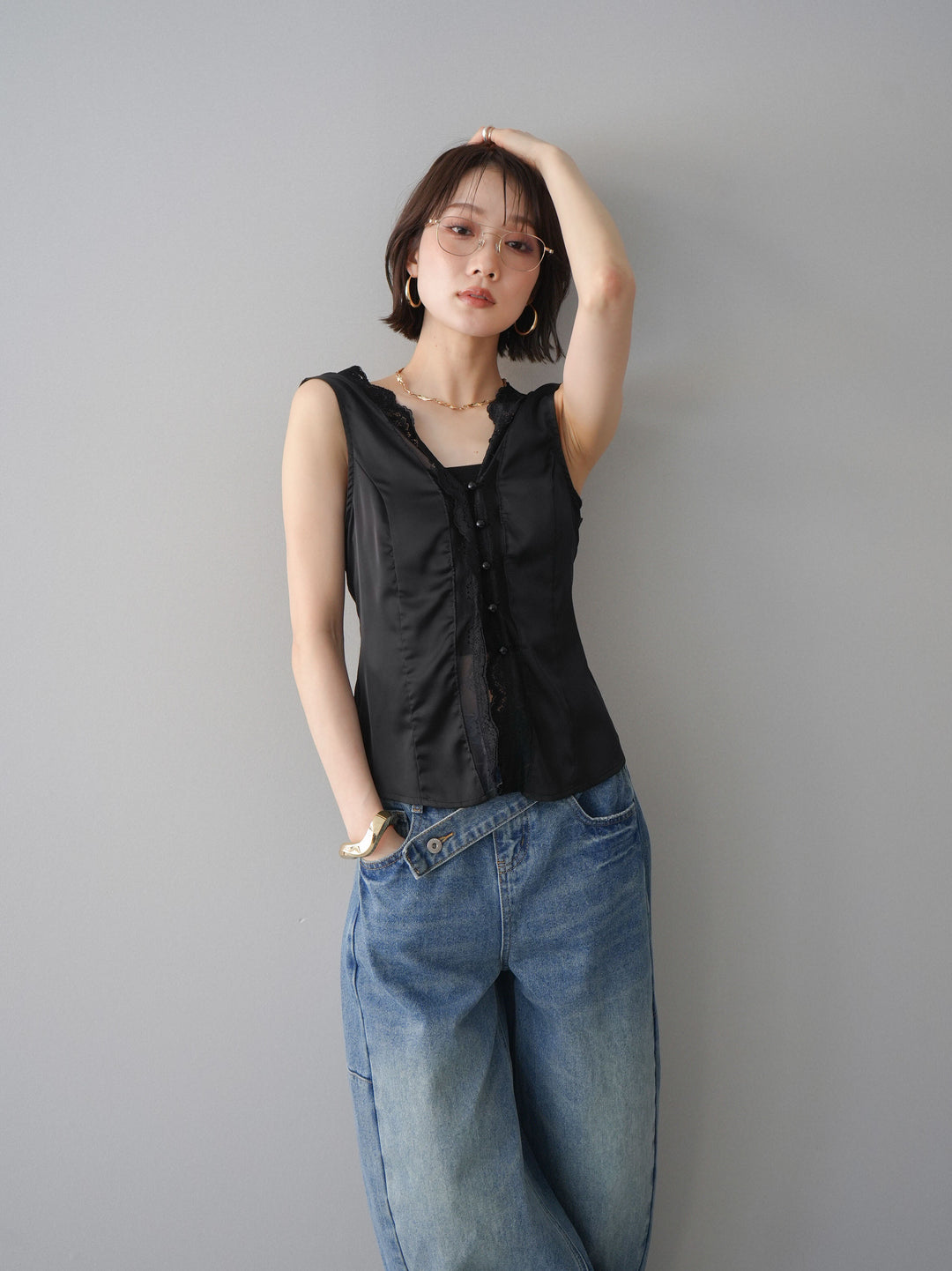 [予約]ノースリサテンレースキャミソール/black