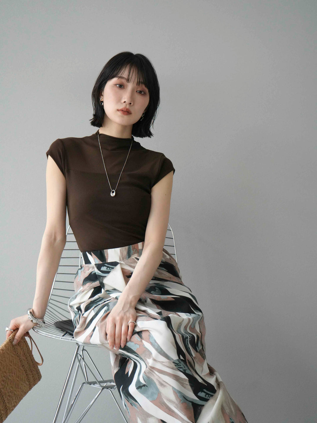 [預訂] 透明切換彈性上衣/棕色