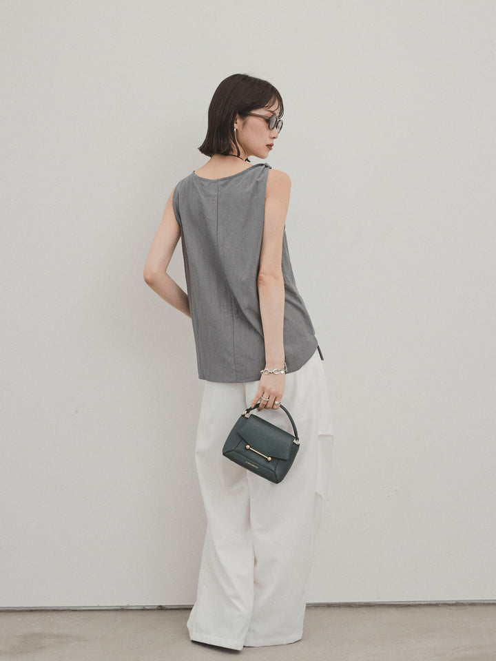 [SET]レザーネックレス付ツイストノースリブラウス+デザインループサイドタックパンツ(2set)