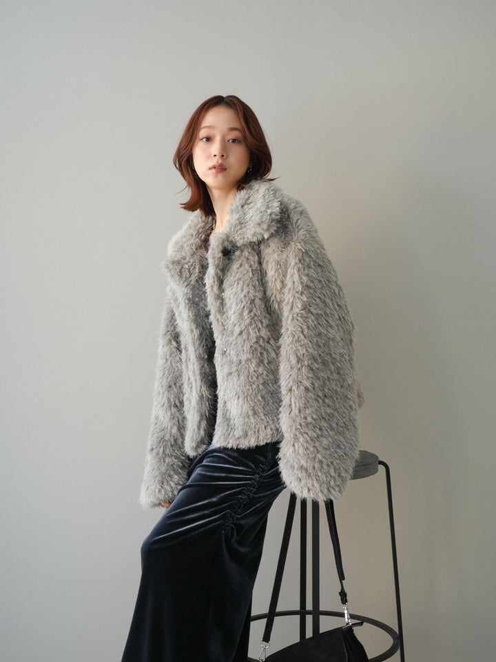 [SET]フェイクファー襟付きショートブルゾン+ギャザーベロアスカート(2set)