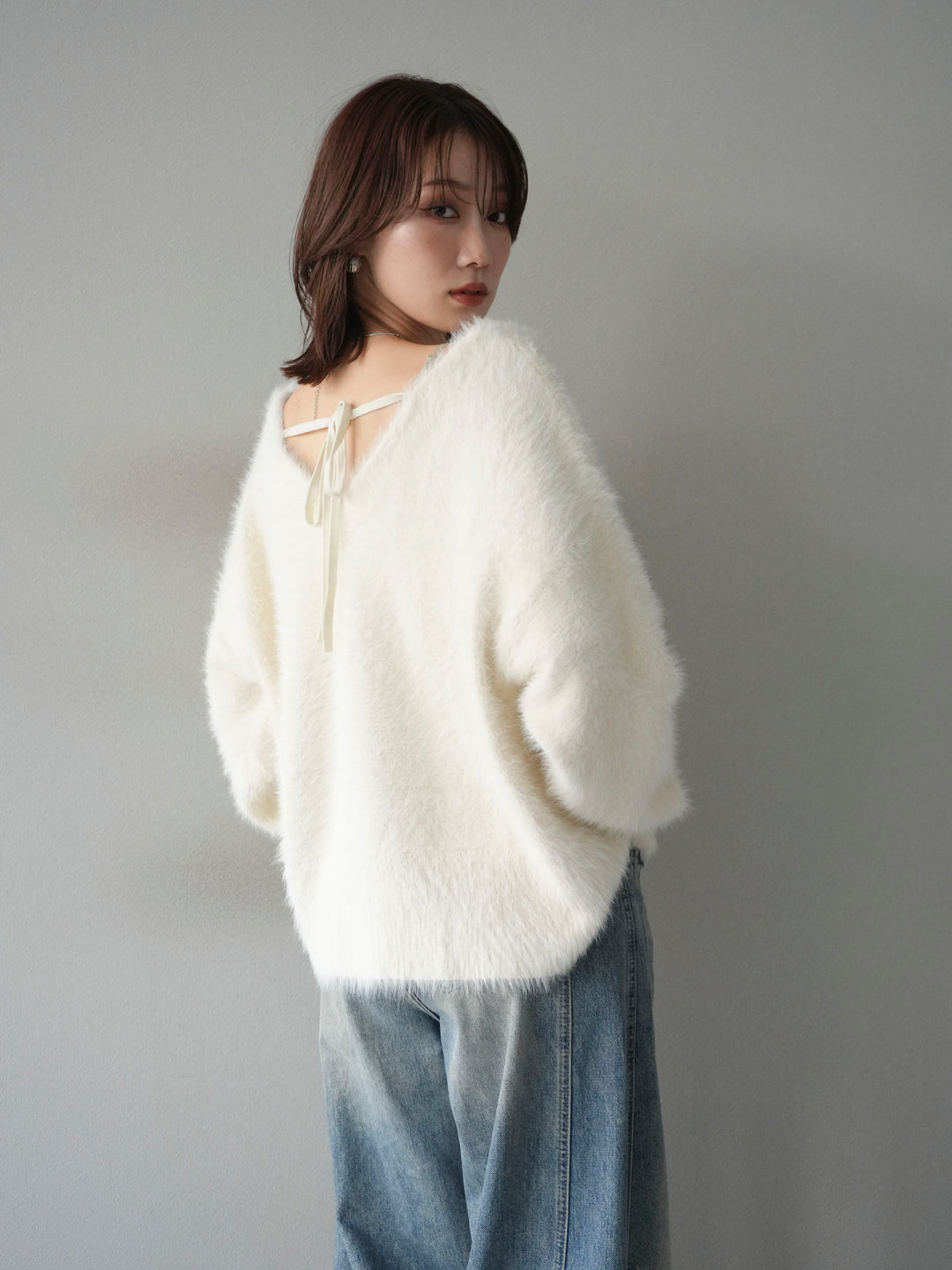 [予約]バックリボンVネックシャギーニットプルオーバー/ivory
