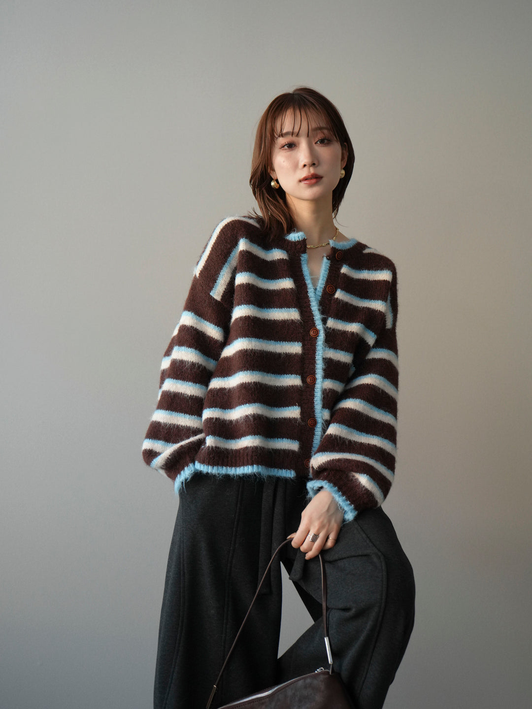 [予約]ウールタッチ配色ボーダーニットカーディガン/brown