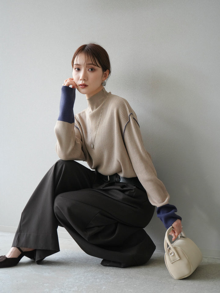 [予約]ボトルネック配色リブニットプルオーバー/ベージュ×アイアンブルー