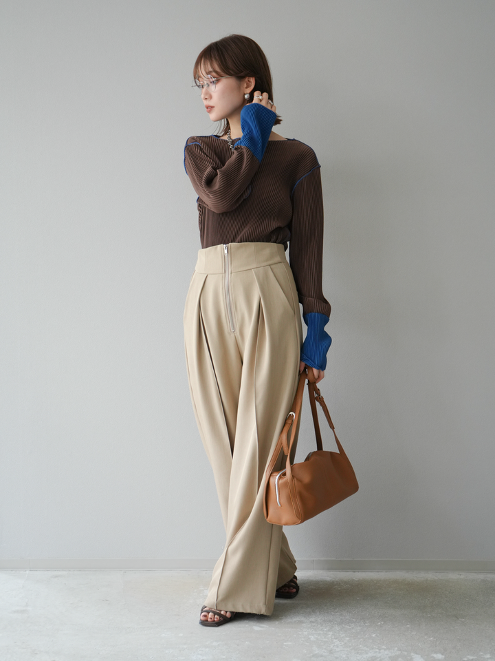 [予約]バイカラープリーツトップス/ブラウン