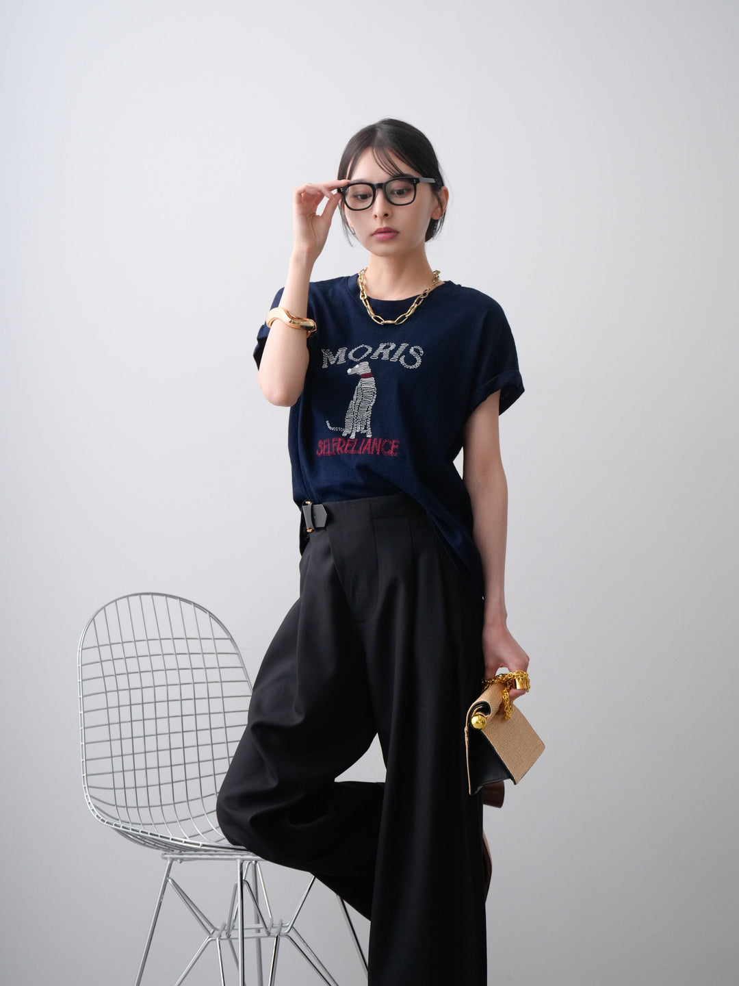 [SET]ドッグエンブロイダリーTEE+アシンメトリーベルトタックワイドパンツ(2set)