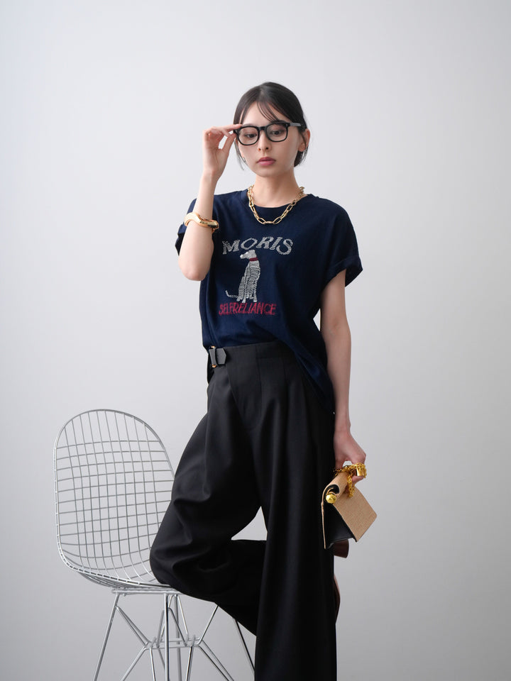 [SET]ドッグエンブロイダリーTEE+アシンメトリーベルトタックワイドパンツ(2set)