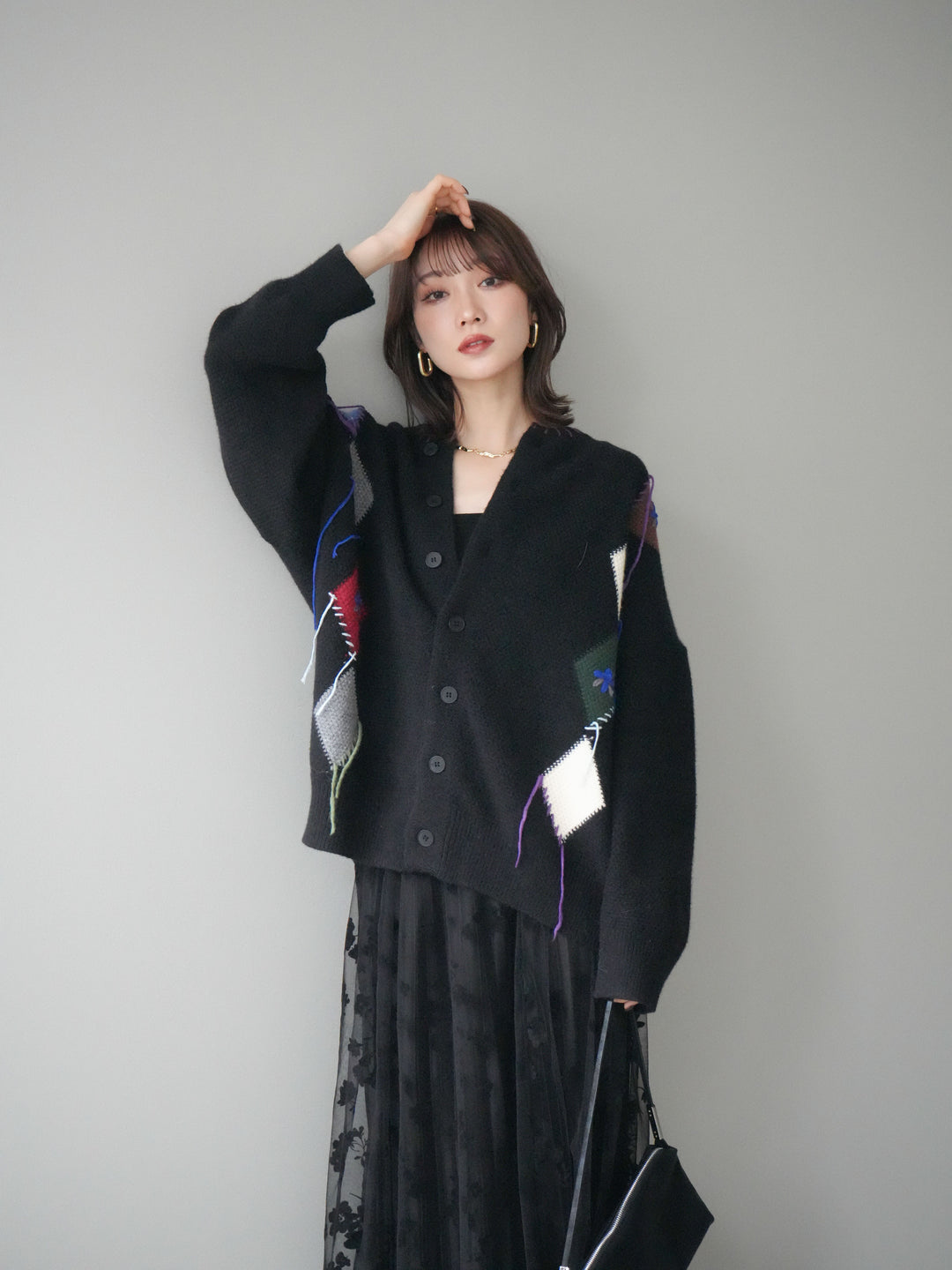 [SET]ハンドステッチアーガイルデザインニットカーディガン+選べるアクセセット(2set)