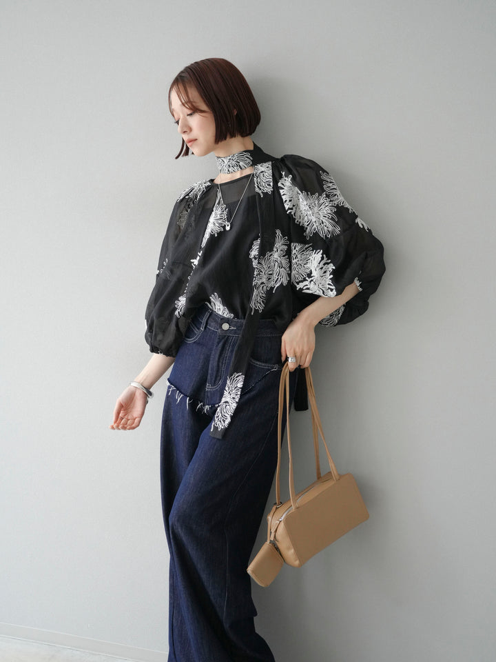 [SET]刺繍シアーバルーンスリーブブラウス+ヒップデザインデニムパンツ(2set)