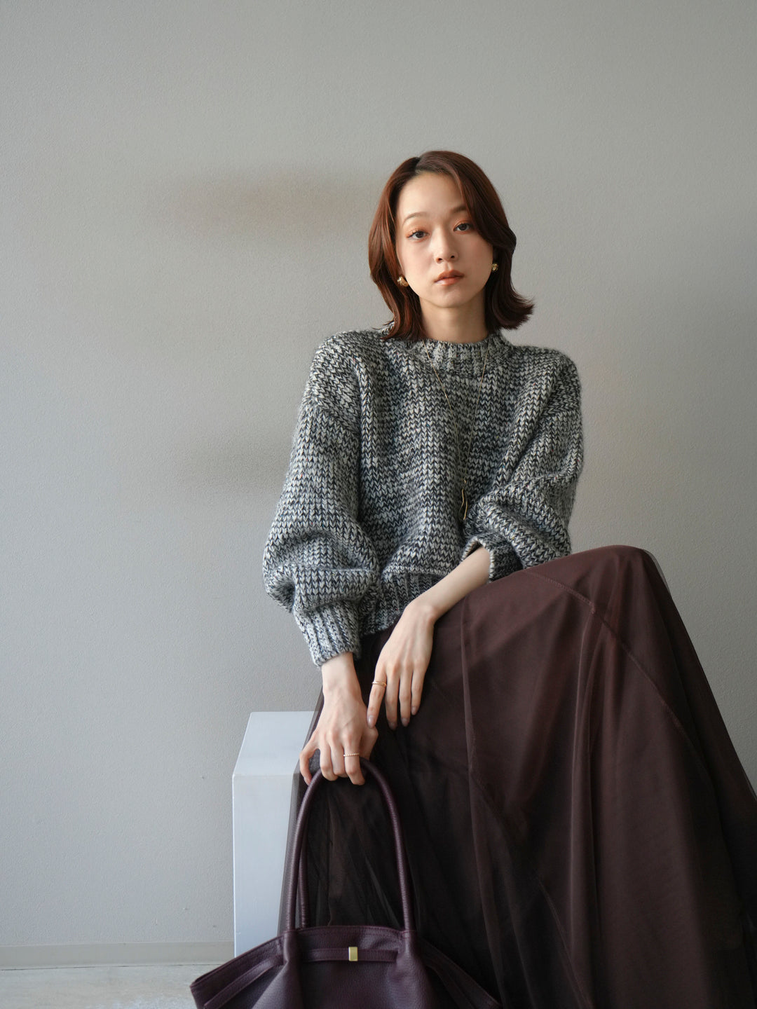 [予約]ボリュームスリーブミックスネップニットプルオーバー/gray