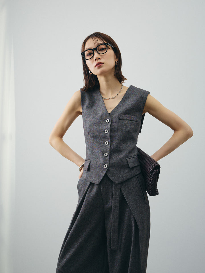 [SET]フラワーモチーフレースアップジレ＆ベルト付ワイドパンツSET UP(2set)