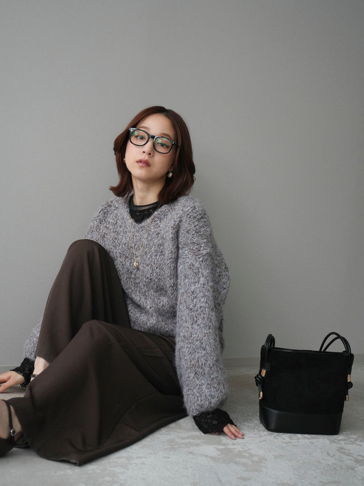 [SET]Vネックミックスヤーンニットプルオーバー+チュールレーストップス+テープベルトタックバギーパンツ(3set)