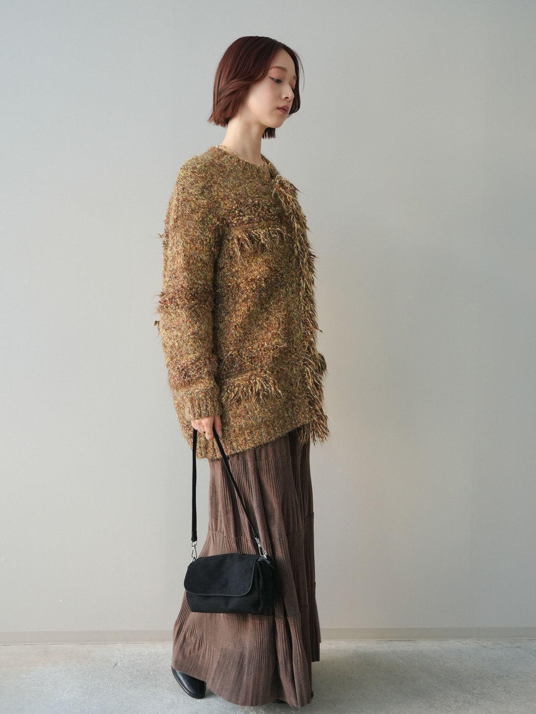 [予約]型押しスエードティアードプリーツスカート/brown