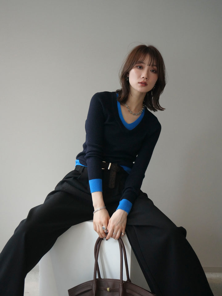 [SET]Uネック配色レイヤードリブニットトップス+アニマル柄ベルト付きウールタッチワイドパンツ(2set)